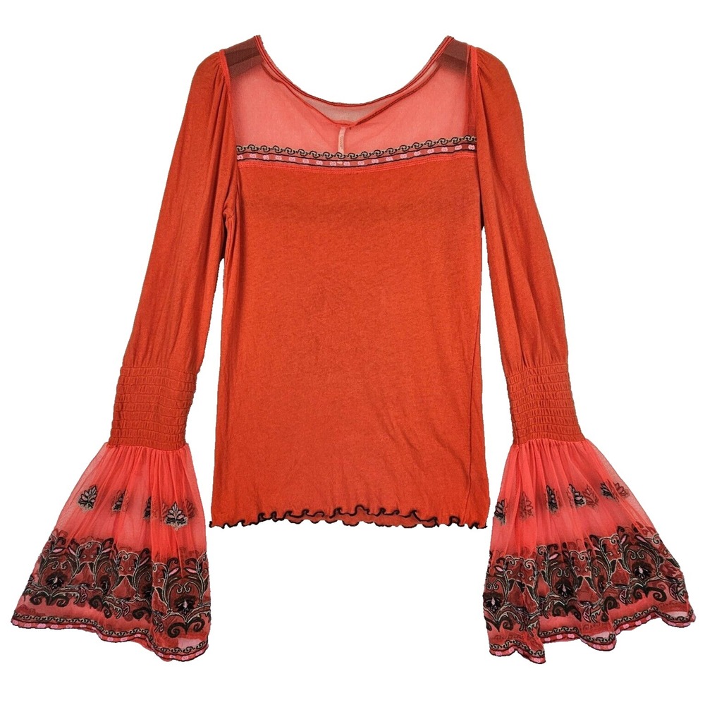 Free‎ People High Tides Top Womens M Sheer Mesh Bell Flare Sleeve Boho Orange